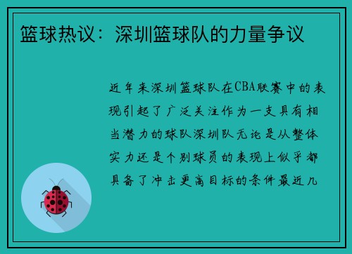 篮球热议：深圳篮球队的力量争议