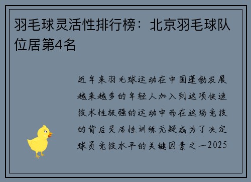 羽毛球灵活性排行榜：北京羽毛球队位居第4名