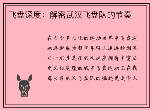 飞盘深度：解密武汉飞盘队的节奏