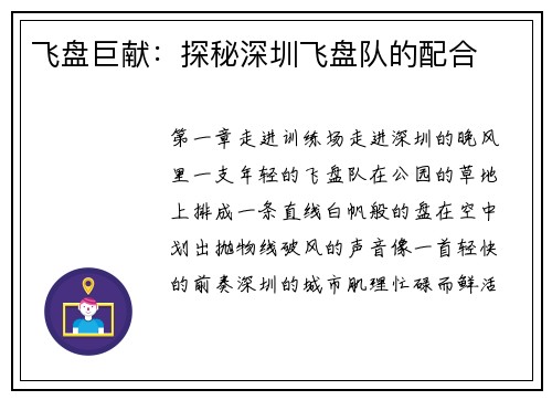 飞盘巨献：探秘深圳飞盘队的配合